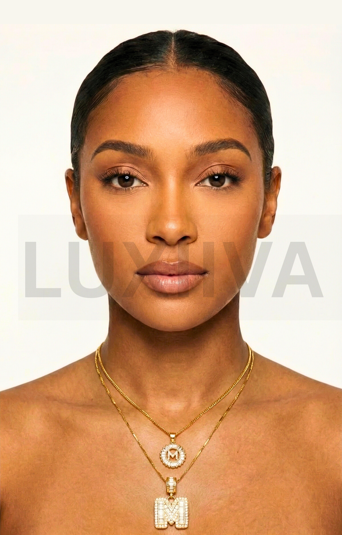LUXIIVA 2 Pcs 14K Diamond Letter Initial Necklace Set - front view of gold-plated CZ diamond necklace