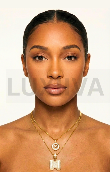 LUXIIVA 2 Pcs 14K Diamond Letter Initial Necklace Set - front view of gold-plated CZ diamond necklace