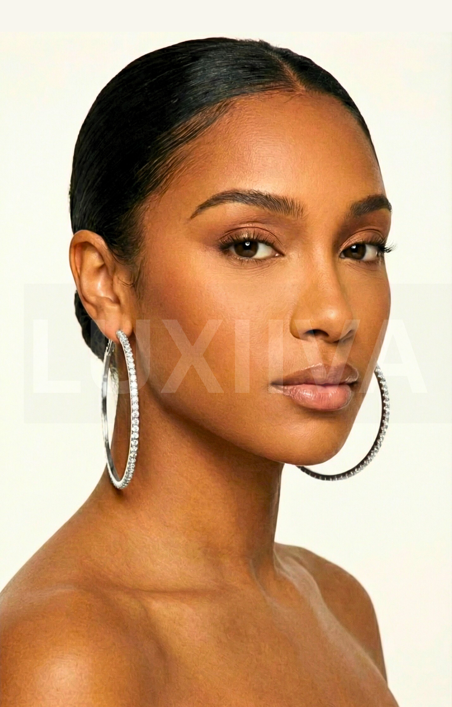 LUXIIVA Iced Out Hoops - front view of iced out earrings