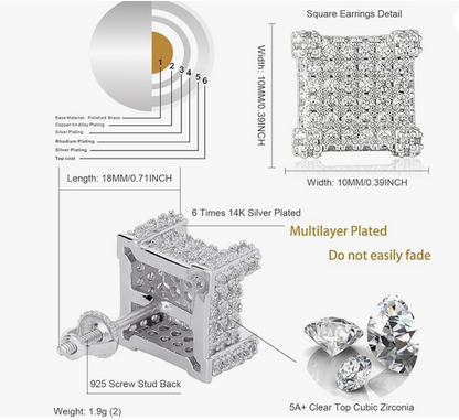 925 STERLING SILVER SQUARE SCREW EARRINGS(Ready to Ship)