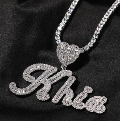 ICED HEART CUSTOM CURSIVE NAME BAGUETTE NECKLACE