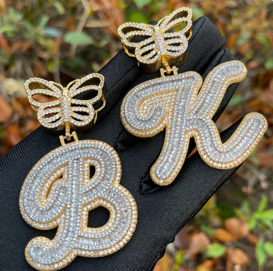 LUXIIVA® INITIAL ICED OUT BUTTERFLY CURSIVE BAGUETTE PENDANT(Ready to Ship)