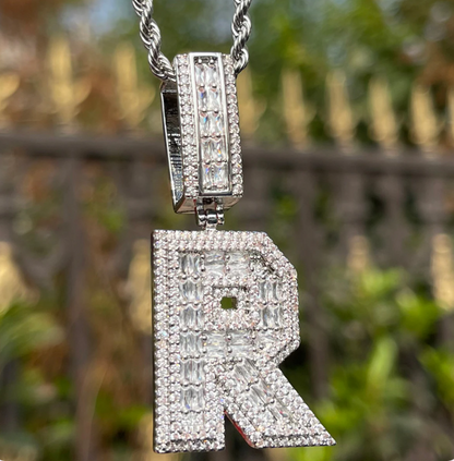LUXIIVA® ICED OUT INITIAL BAGUETTE PENDANT(Ready to Ship)