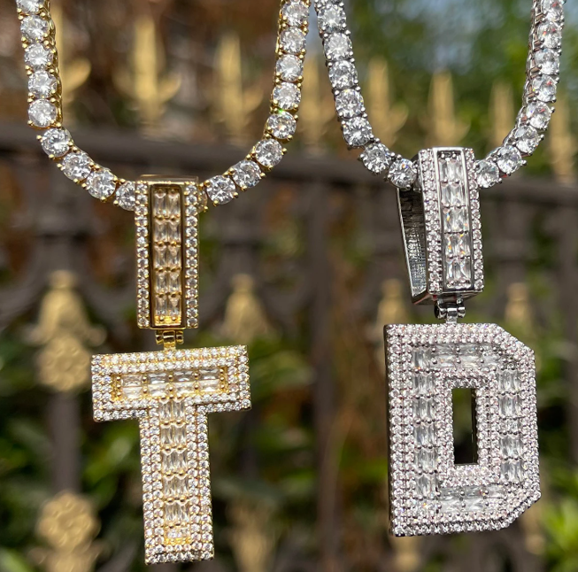 LUXIIVA® ICED OUT INITIAL BAGUETTE PENDANT(Ready to Ship)