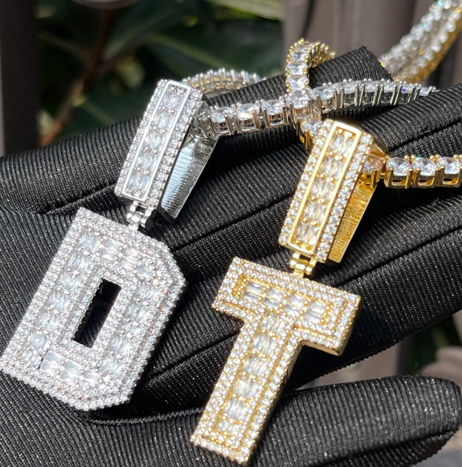 LUXIIVA® ICED OUT INITIAL BAGUETTE PENDANT(Ready to Ship)