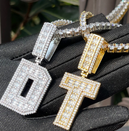 LUXIIVA® ICED OUT INITIAL BAGUETTE PENDANT(Ready to Ship)