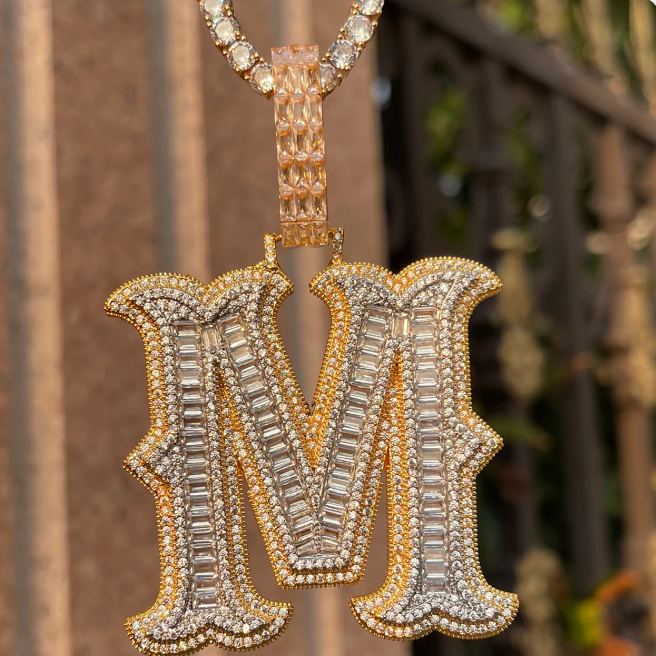 LUXIIVA® INITIAL ICED OUT BAGUETTE PENDANT(Ready to Ship)