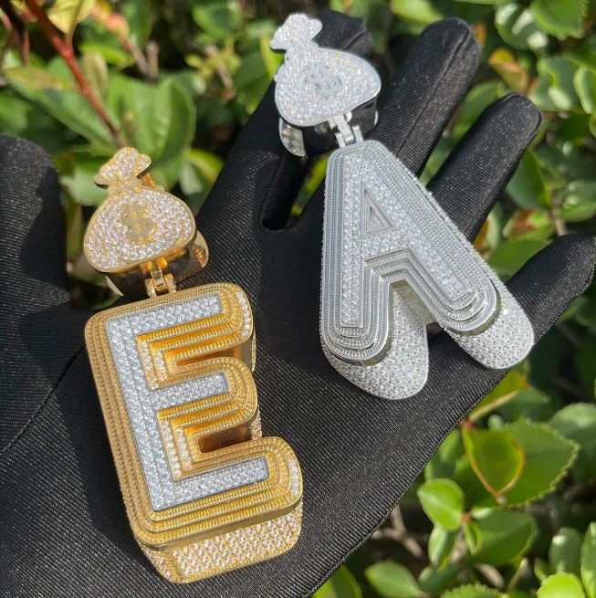 LUXIIVA® ICED OUT INITIAL MONEY BAG BAIL PENDANT(Ready to Ship)