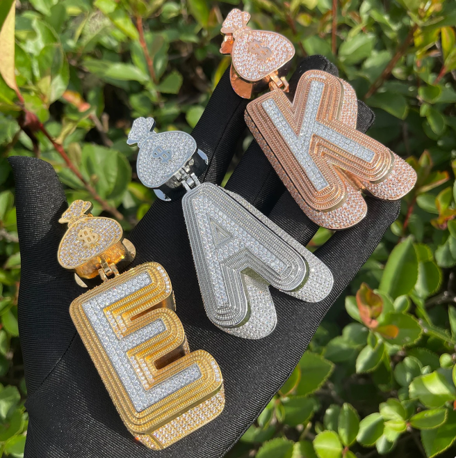 LUXIIVA® ICED OUT INITIAL MONEY BAG BAIL PENDANT(Ready to Ship)