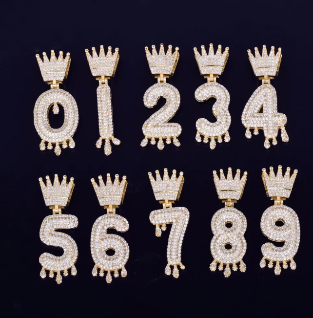LUXIIVA® CROWN BAIL DRIP INITIALS NUMBER CHAIN PENDANT (Ready to Ship)