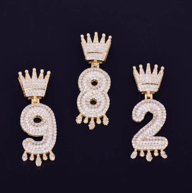 LUXIIVA® CROWN BAIL DRIP INITIALS NUMBER CHAIN PENDANT (Ready to Ship)