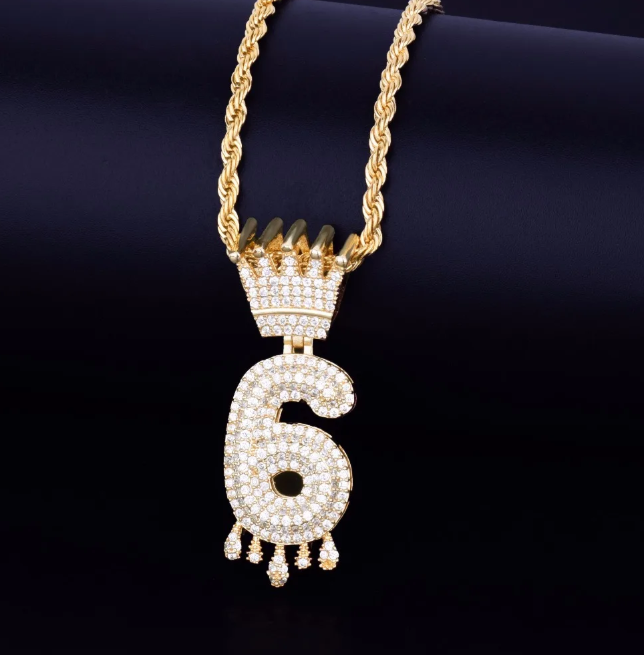 LUXIIVA® CROWN BAIL DRIP INITIALS NUMBER CHAIN PENDANT (Ready to Ship)