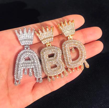 LUXIIVA® CROWN BAIL DRIP INITIALS LETTER CHAIN PENDANT (Ready to Ship)