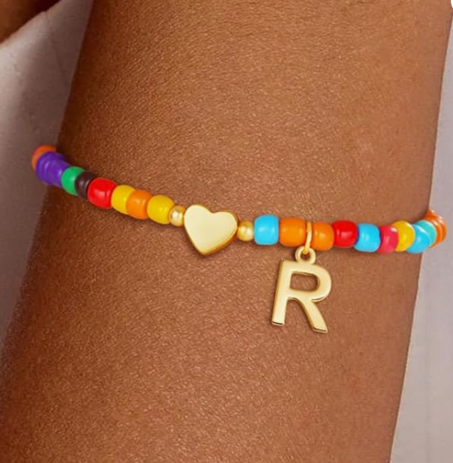 LUXIIVA® LUXE BEADED INITIAL BRACELET WITH HEART PENDANT (Ready to Ship)