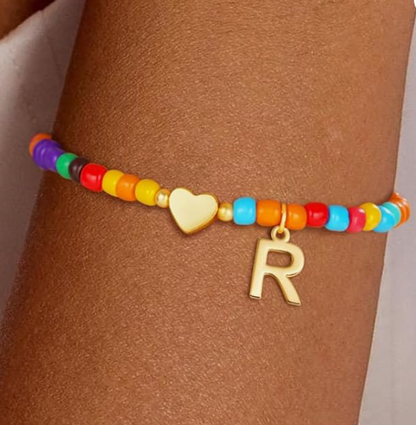 LUXIIVA® LUXE BEADED INITIAL BRACELET WITH HEART PENDANT (Ready to Ship)