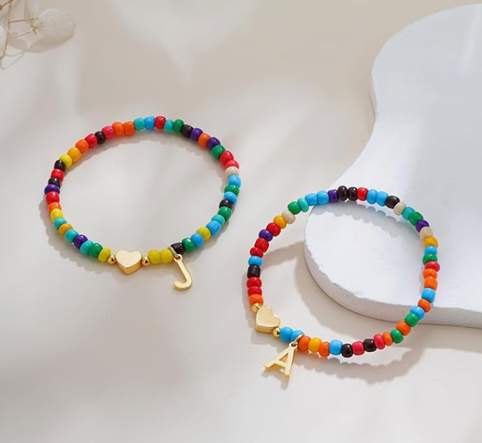 LUXIIVA® LUXE BEADED INITIAL BRACELET WITH HEART PENDANT (Ready to Ship)