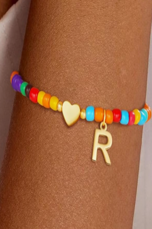 LUXIIVA® LUXE BEADED INITIAL BRACELET WITH HEART PENDANT (Ready to Ship)