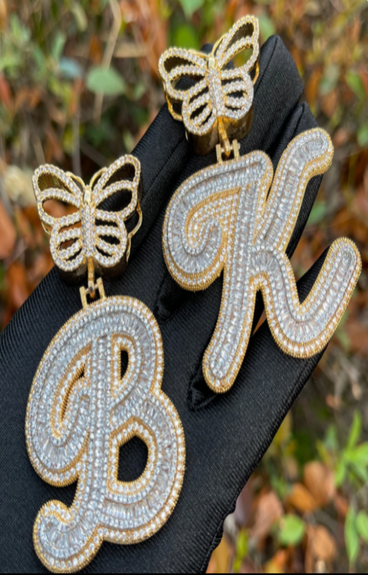 LUXIIVA® INITIAL ICED OUT BUTTERFLY CURSIVE BAGUETTE PENDANT(Ready to Ship)