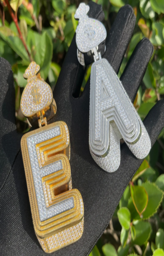 LUXIIVA® ICED OUT INITIAL MONEY BAG BAIL PENDANT(Ready to Ship)