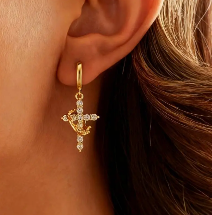 LUXIIVA Sparkling Crown Cross 3-Piece Set - side angle highlighting jewelry set design