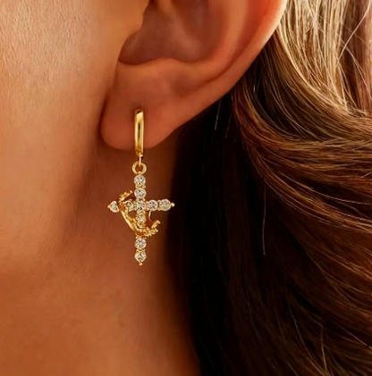 LUXIIVA Sparkling Crown Cross 3-Piece Set - side angle highlighting jewelry set design