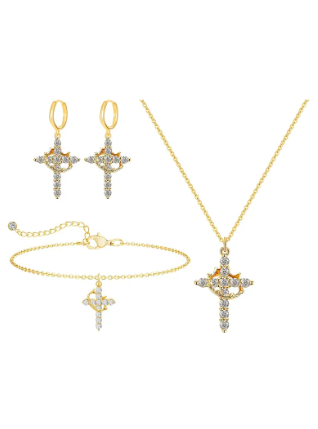 LUXIIVA Sparkling Crown Cross 3-Piece Set - lifestyle shot showing how to wear