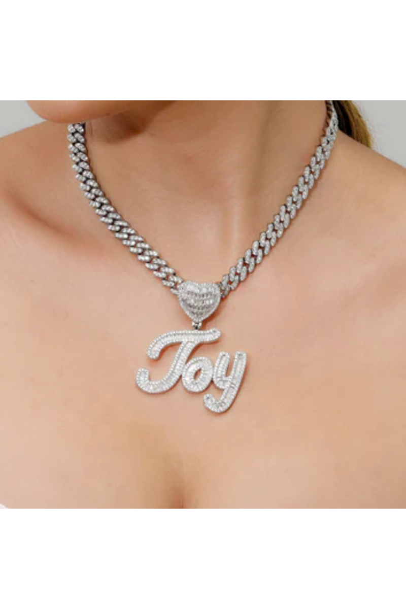 ICED HEART CUSTOM CURSIVE NAME BAGUETTE NECKLACE