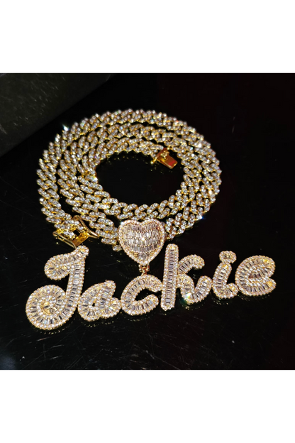 ICED HEART CUSTOM CURSIVE NAME BAGUETTE NECKLACE