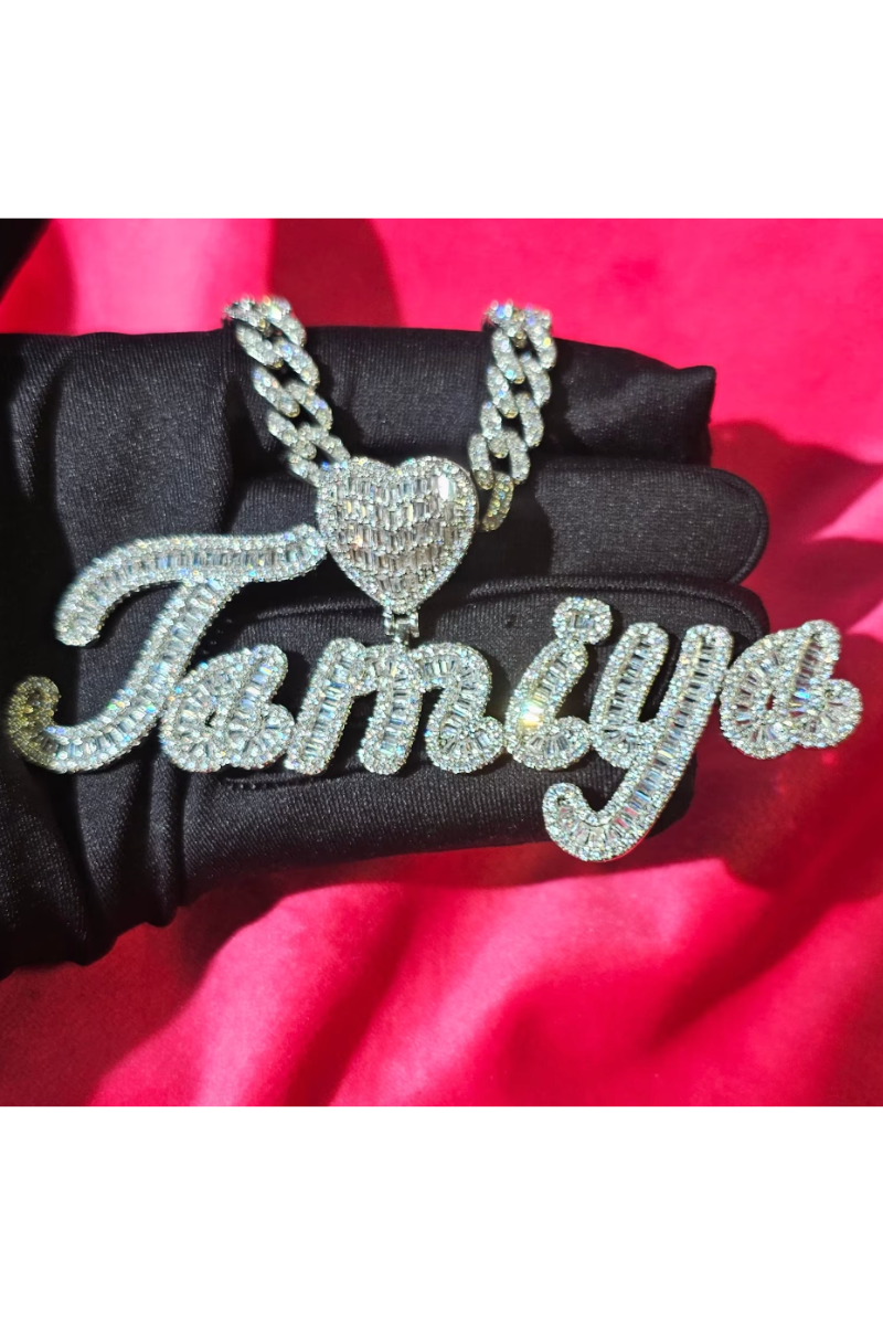 ICED HEART CUSTOM CURSIVE NAME BAGUETTE NECKLACE