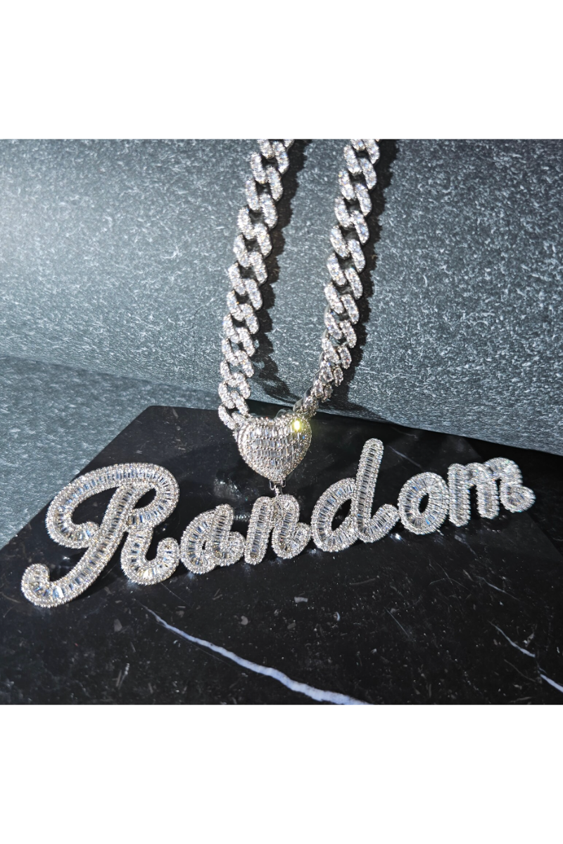 ICED HEART CUSTOM CURSIVE NAME BAGUETTE NECKLACE