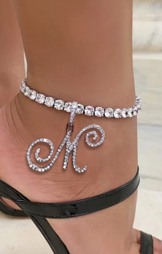 TENNIS CHAIN CURSIVE INITIAL ANKLET(Ready to Ship)