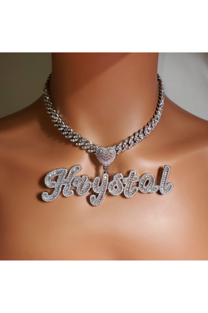 ICED HEART CUSTOM CURSIVE NAME BAGUETTE NECKLACE