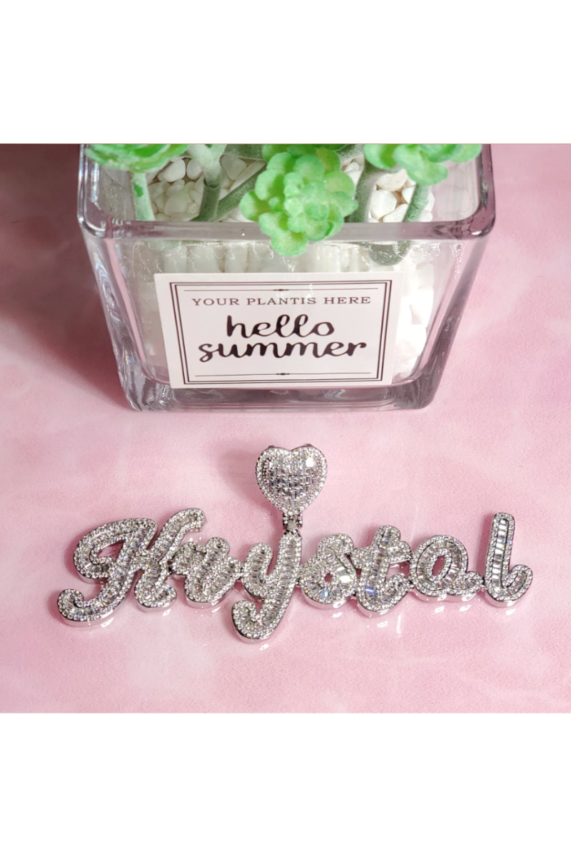 ICED HEART CUSTOM CURSIVE NAME BAGUETTE NECKLACE