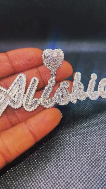 ICED HEART CUSTOM CURSIVE NAME BAGUETTE NECKLACE